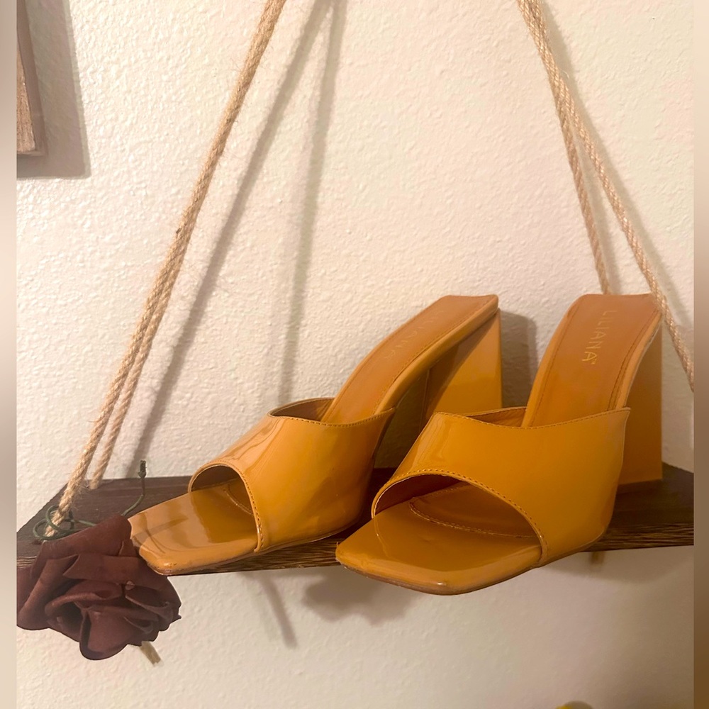 Patent Leather Camel Block Heels; Like New